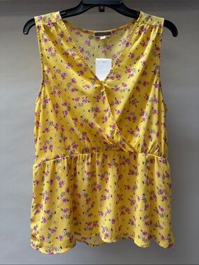 Pleione Yellow Floral V-Neck Blouse with Pink Bouquet Print